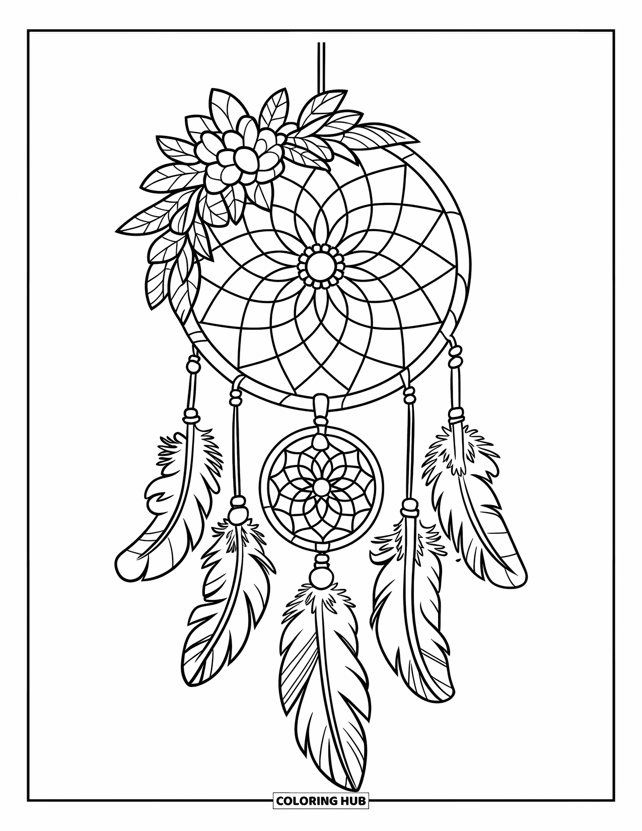 Dreamcatcher Coloring Page for Kids: A floral dreamcatcher with leaf feathers and spiral beads hangs from a branch