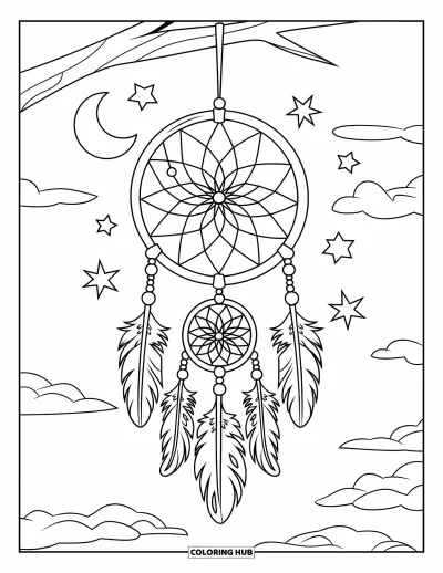 Coloriage d'attrape-rêves pour enfants : Un attrape-rêves fleuri avec une lune, des étoiles et des perles en spirale pend sous un ciel nuageux