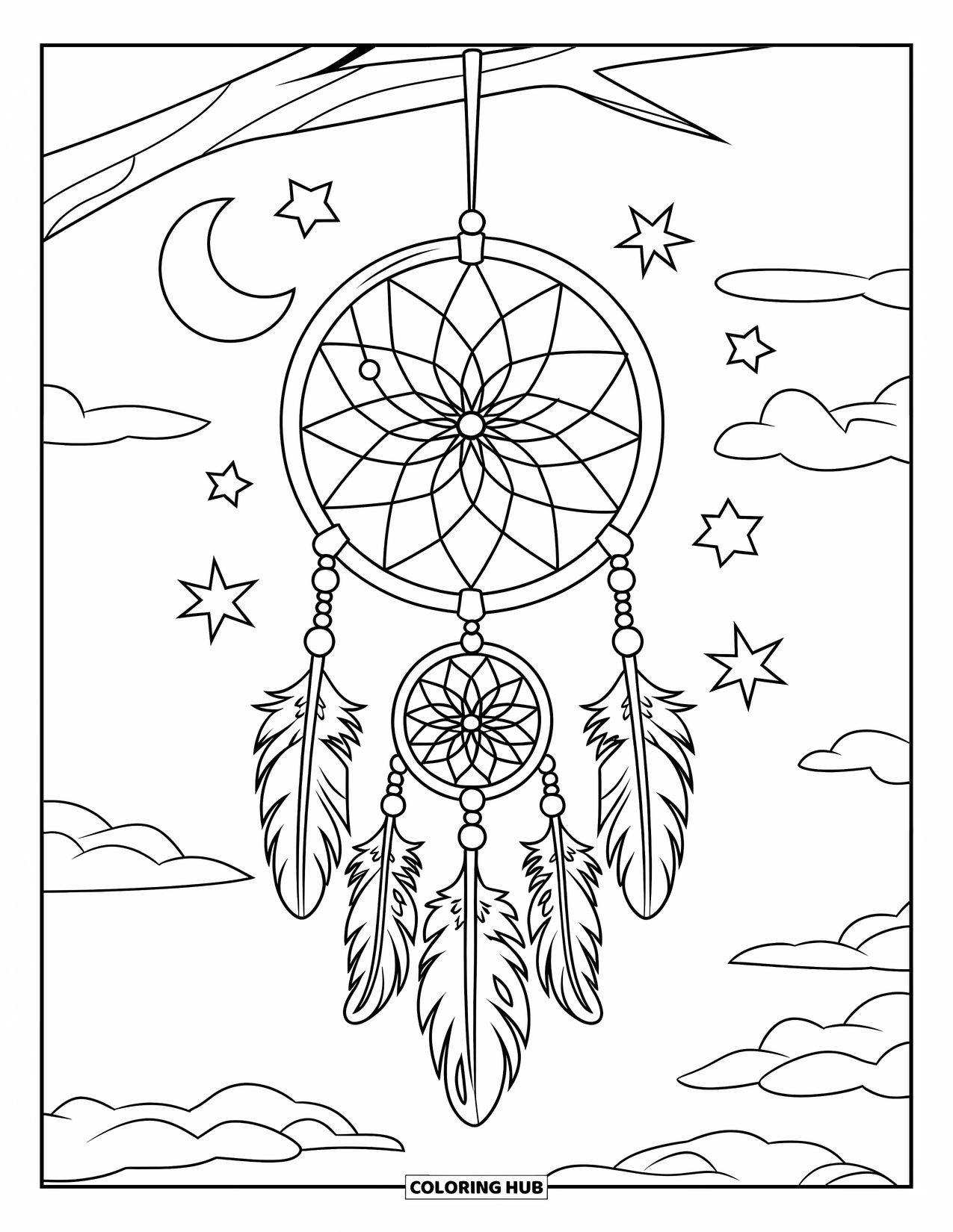 Dreamcatcher Coloring Page for Kids: A floral dreamcatcher with moon, stars, and spiral beads hangs beneath a cloudy sky