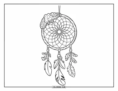 Coloriage d'attrape-rêves pour enfants : Un attrape-rêves fleuri avec des rubans pendants est accroché à un bâton de bois