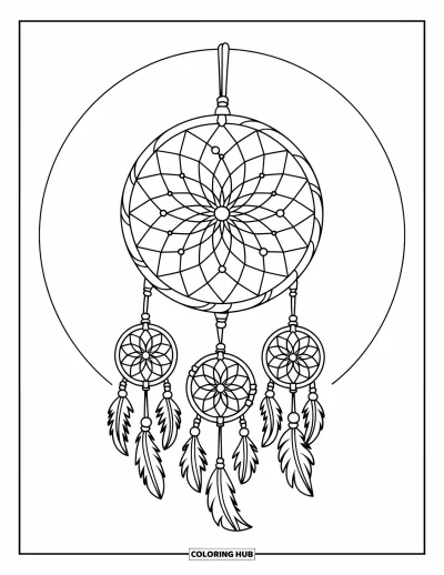 Coloriage d'attrape-rêves pour enfants : Un attrape-rêves à toile fleurie pend à une branche dans un cadre circulaire doux