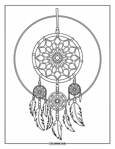 Coloriage d'attrape-rêves pour enfants : Un attrape-rêves à toile fleurie avec des fils de perles se balance à une branche dans un cercle blanc