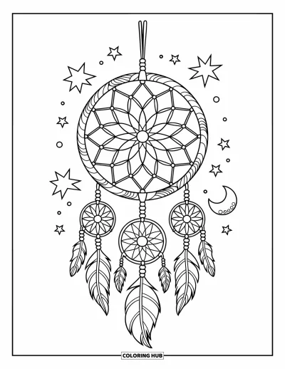 Coloriage d'attrape-rêves pour enfants : Un attrape-rêves à toile fleurie avec une lune et des étoiles se balance à un bâton