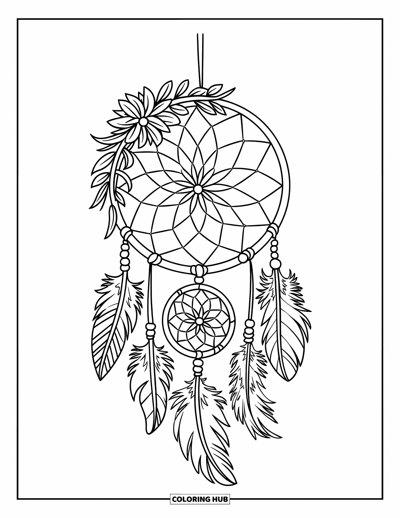 Dreamcatcher Coloring Page for Kids: A flower-inspired dreamcatcher with leaf feathers and spiral beads dangles from a branch