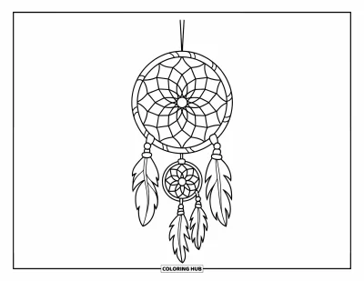 Coloriage d'attrape-rêves pour enfants : Un attrape-rêves à toile florale avec de courts pompons pend à une branche dans un joli dessin
