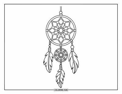 Coloriage d'attrape-rêves pour enfants : Un attrape-rêves à toile florale avec de courts pompons se balance à une branche feuillue