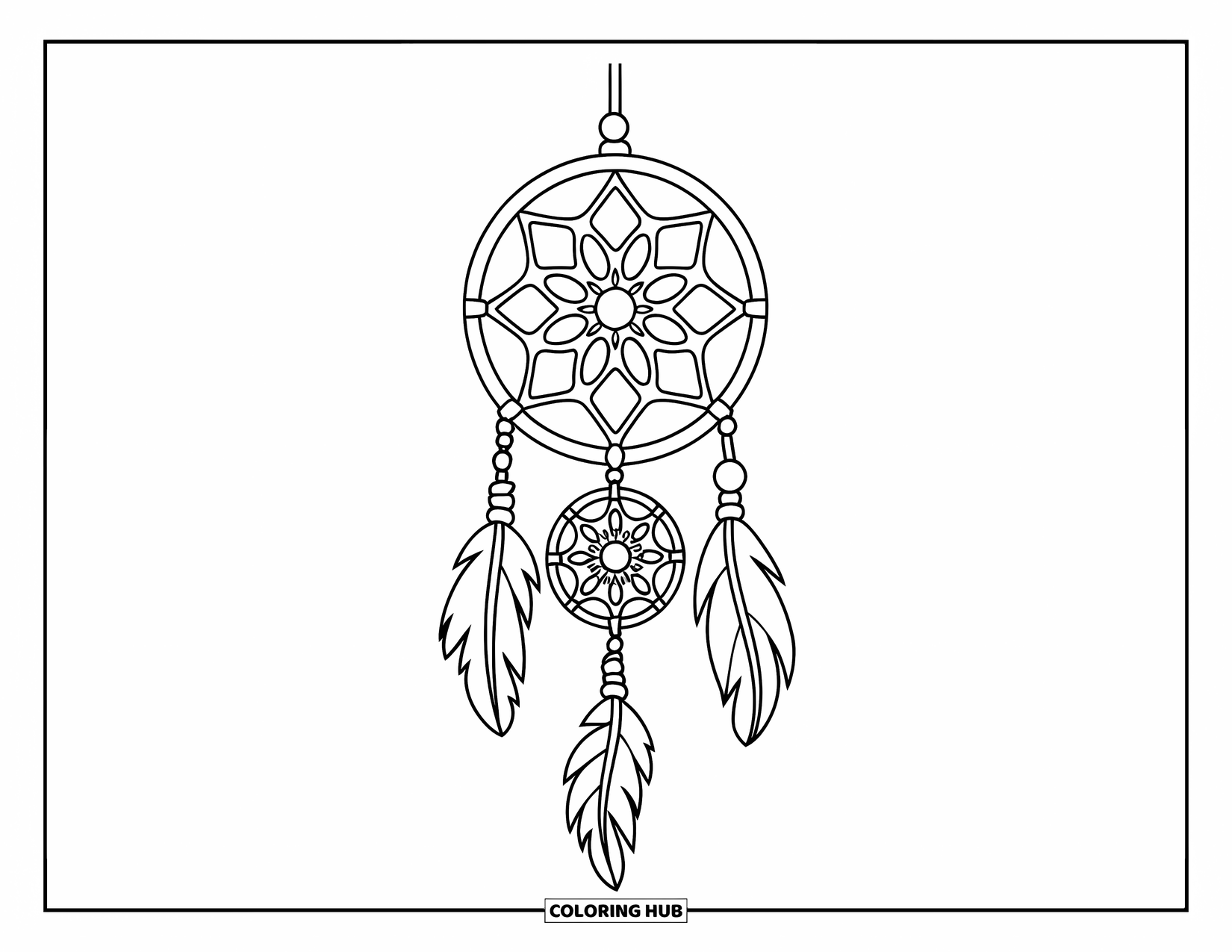 Dreamcatcher Coloring Page for Kids: A flower-web dreamcatcher with short tassels sways from a leafy branch
