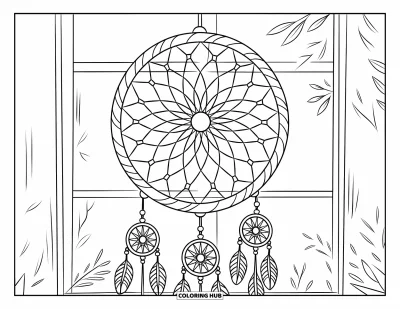 Coloriage d'attrape-rêves pour enfants : Un attrape-rêves lumineux avec des pompons en larme pend près d'une fenêtre ensoleillée