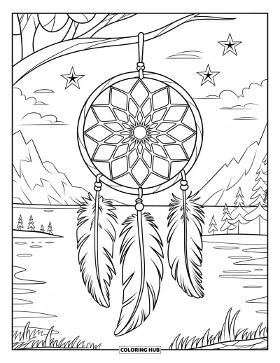 Coloriage d'attrape-rêves pour enfants : Un grand attrape-rêves avec une toile simple et de grosses plumes pend sous un ciel étoilé