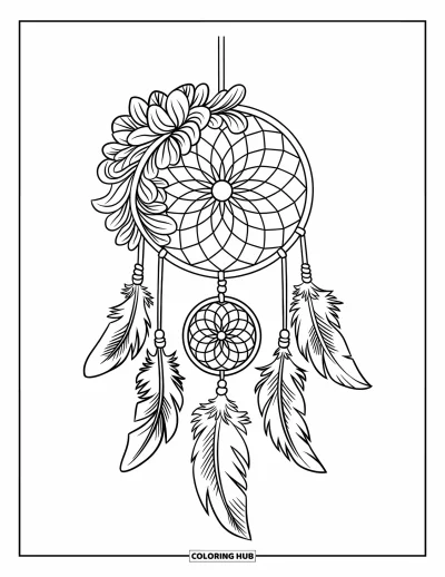 Coloriage d'attrape-rêves pour enfants : Un attrape-rêves à plumes-feuilles avec des perles en spirale pend à une branche d'arbre