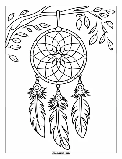 Coloriage d'attrape-rêves pour enfants : Une branche feuillue soutient un attrape-rêves traditionnel avec des lignes courbes et trois plumes