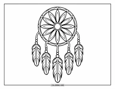 Coloriage d'attrape-rêves pour enfants : Un attrape-rêves radial avec des rayons, des plumes et des perles forme une silhouette harmonieuse et attrayante