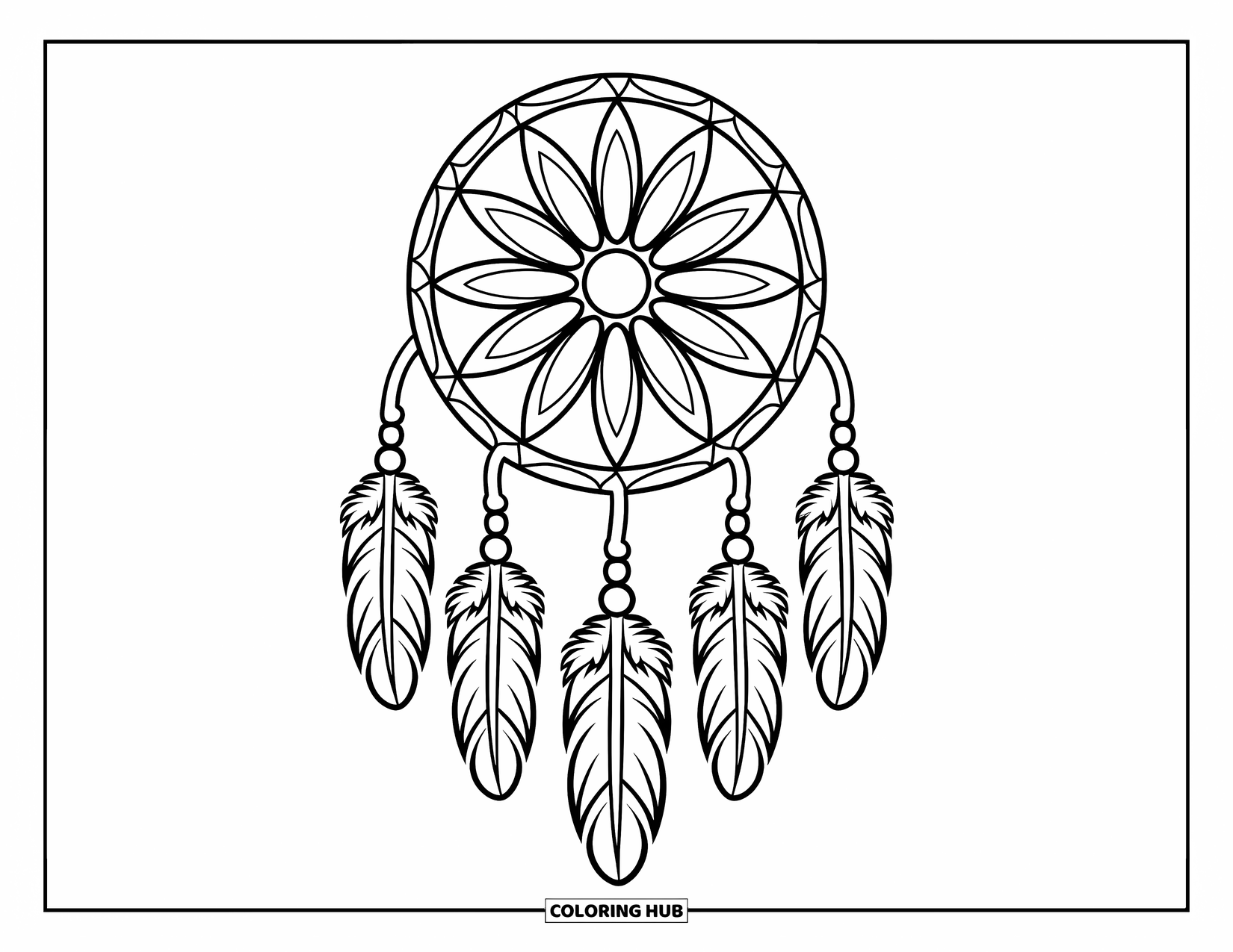 Dreamcatcher Coloring Page for Kids: A radial dreamcatcher with spokes, feathers, and beads forms a balanced, eye-catching shape