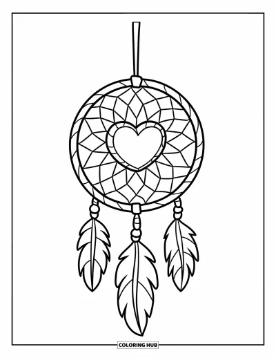 Coloriage d'attrape-rêves pour enfants : Un attrape-rêves rond avec un grand cœur en son centre et deux rubans en boucle pend à un bâton