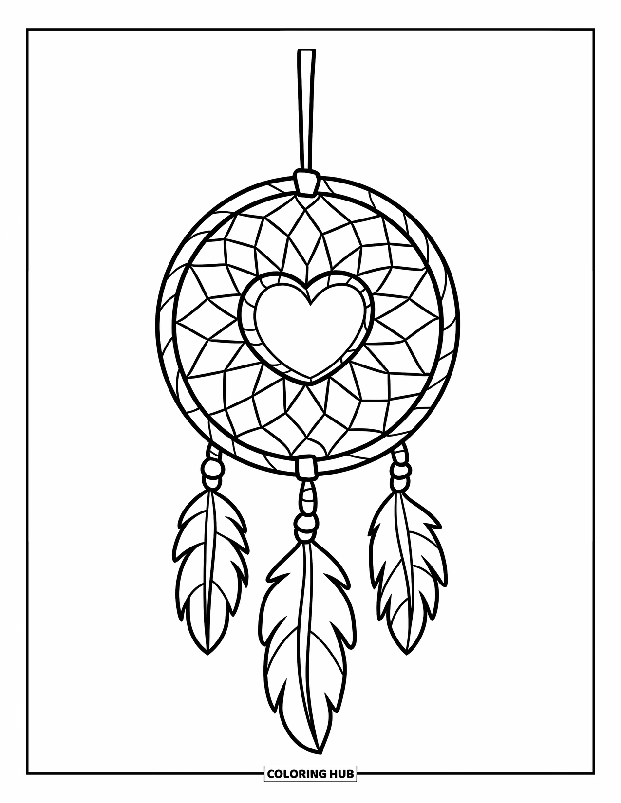 Dreamcatcher Coloring Page for Kids: A round dreamcatcher with a big heart center and two looped ribbons hangs from a stick