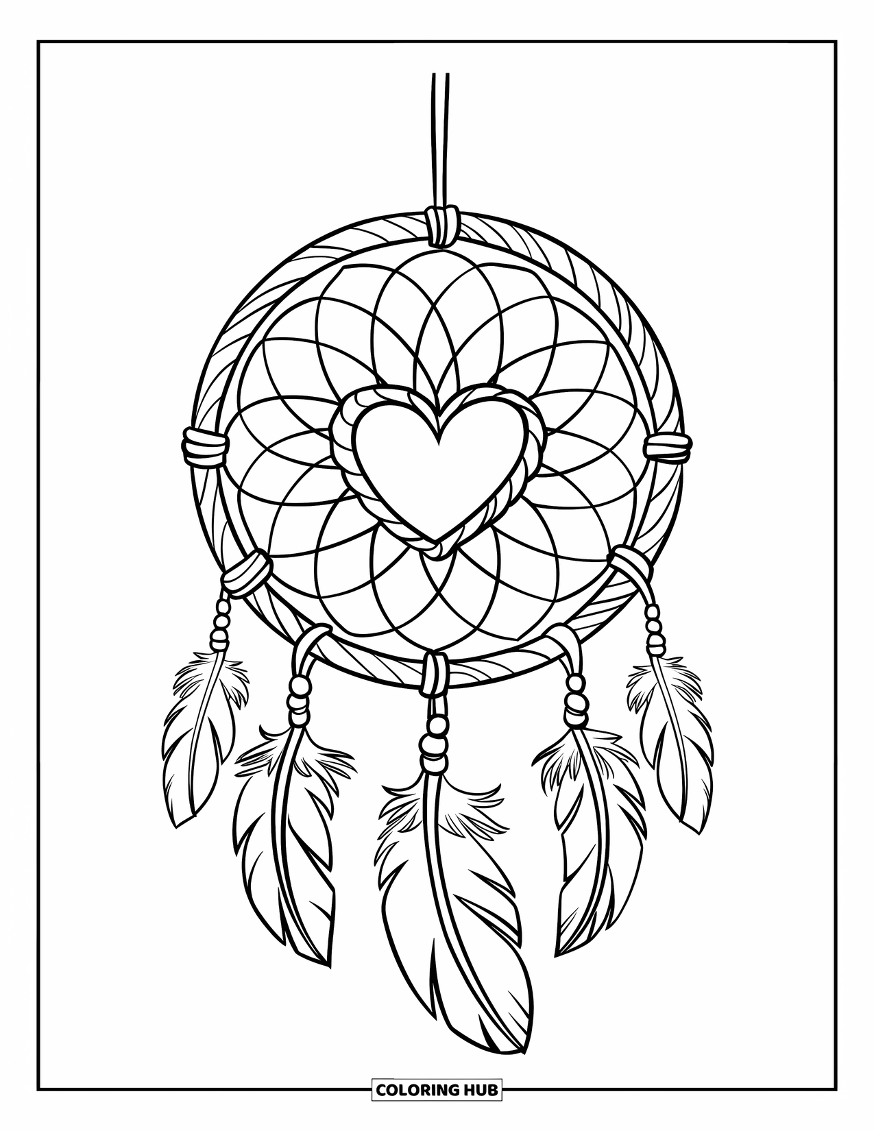 Dreamcatcher Coloring Page for Kids: A round dreamcatcher with a heart center, looped ribbons, and feathers hangs from a pole