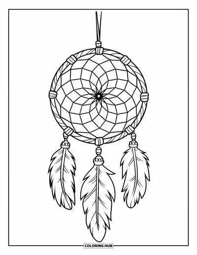 Coloriage d'attrape-rêves pour enfants : Un attrape-rêves rond avec une toile serrée et des nœuds décoratifs pend à une baguette