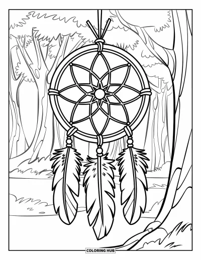 Coloriage d'attrape-rêves pour enfants : Un attrape-rêves rond avec de grosses plumes et une toile simple pend dans une forêt paisible