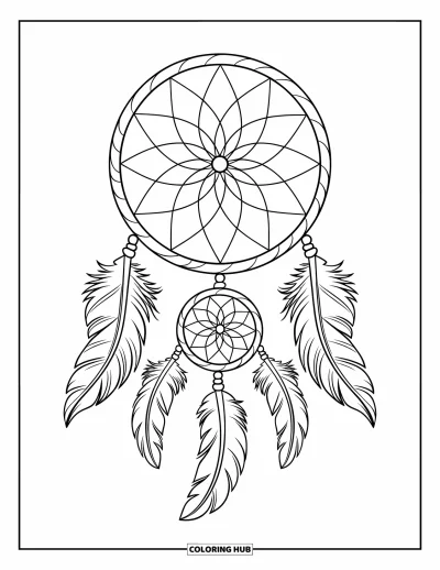 Coloriage d'attrape-rêves pour enfants : Un attrape-rêves arrondi avec des fils en toile et trois plumes se balance dans une scène apaisante