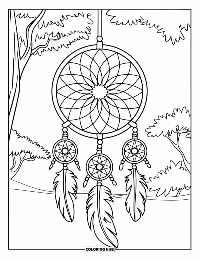 Coloriage d'attrape-rêves pour enfants : Un attrape-rêves simple avec des lignes de plumes et des perles pend à une branche feuillue