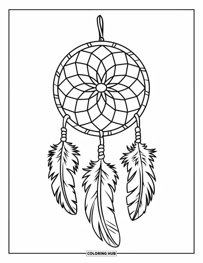Coloriage d'attrape-rêves pour enfants : Un attrape-rêves simple avec trois plumes pend à un bâton de bois