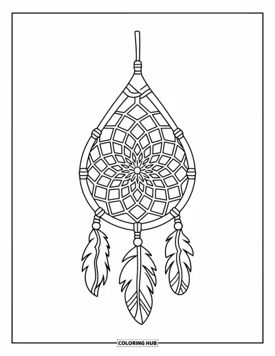 Coloriage d'attrape-rêves pour enfants : Un attrape-rêves simple en forme de larme avec des perles aux extrémités pend dans les airs