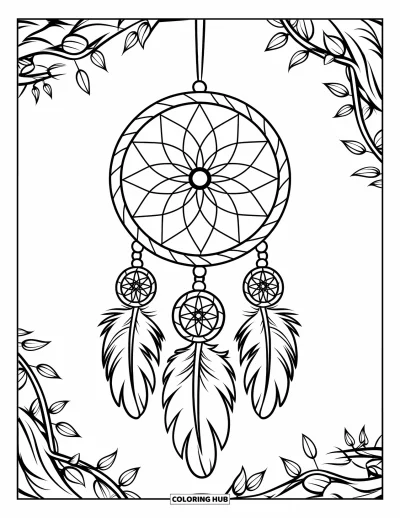 Coloriage d'attrape-rêves pour enfants : Un attrape-rêves aux contours doux avec des plumes ovales et des fils épais pend à une branche