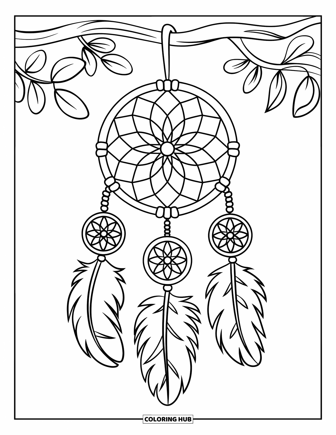 Dreamcatcher Coloring Page for Kids: A soft-edged dreamcatcher with three oval feathers and bold threads hangs from a branch