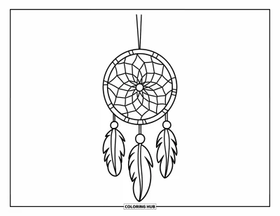 Coloriage d'attrape-rêves pour enfants : Un attrape-rêves en spirale avec des perles ovales se balance doucement à une branche feuillue