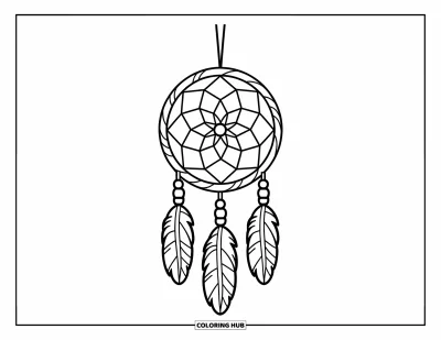 Coloriage d'attrape-rêves pour enfants : Un attrape-rêves à toile spiralée avec de grandes perles ovales pend à un cerceau en bois
