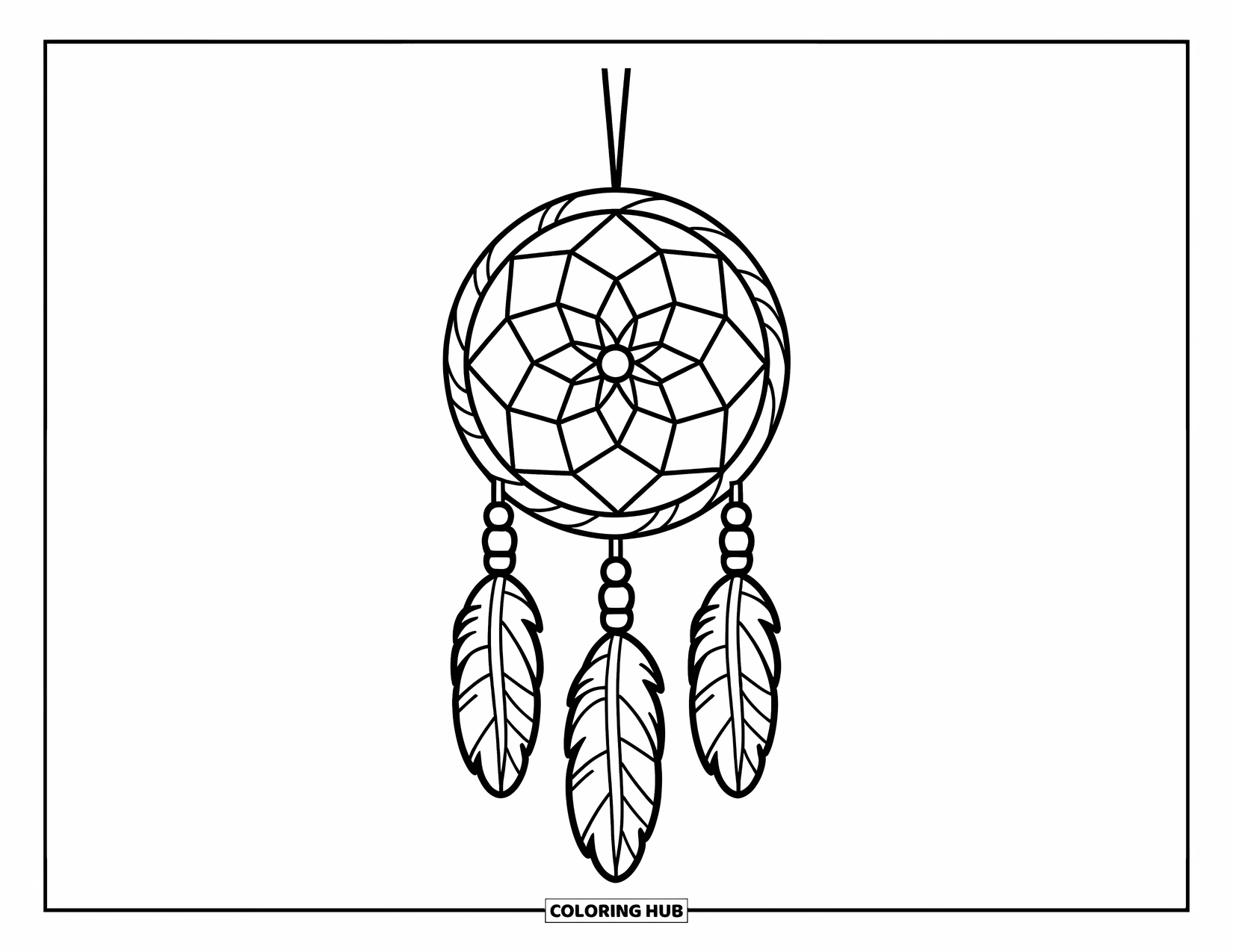 Dreamcatcher Coloring Page for Kids: A spiral-web dreamcatcher with big oval beads hangs from a wooden hoop