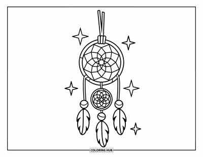 Coloriage d'attrape-rêves pour enfants : Un attrape-rêves à toile spiralée avec de grandes perles ovales et des étoiles pend à un bâton de bois