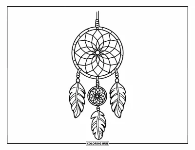 Coloriage d'attrape-rêves pour enfants : Un attrape-rêves à toile spiralée avec des perles-feuilles pend bien droit à des cordons noués