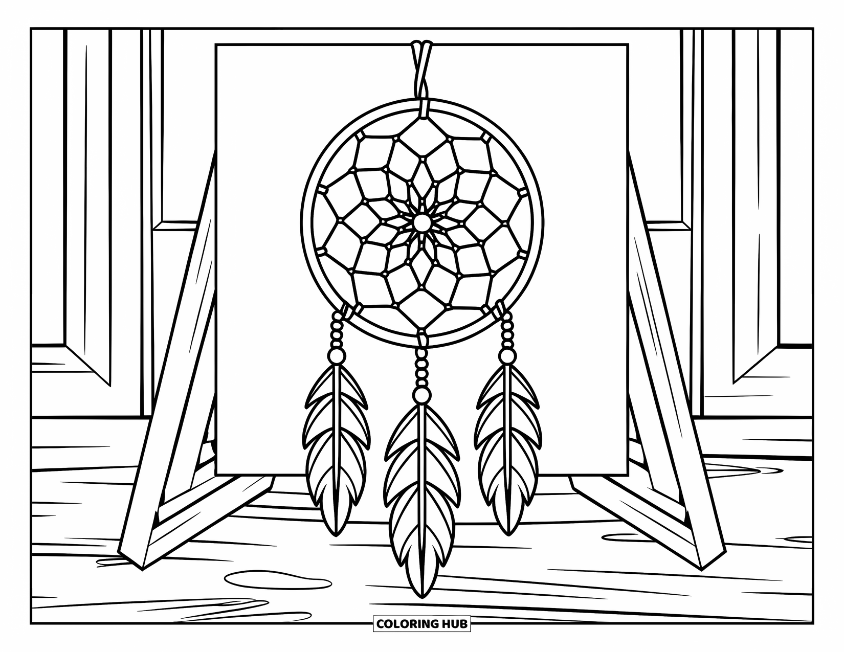 Dreamcatcher Coloring Page for Kids: A spiral-web dreamcatcher with leaf beads rests on a wooden stand