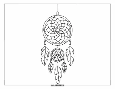 Coloriage d'attrape-rêves pour enfants : Un attrape-rêves à toile spiralée avec des perles-feuilles se balance doucement sur ses cordons noués