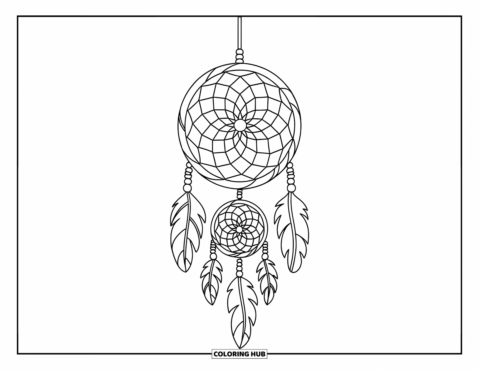 Dreamcatcher Coloring Page for Kids: A spiral-web dreamcatcher with leaf beads sways gently on its knotted cords