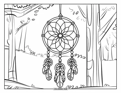 Coloriage d'attrape-rêves pour enfants : Un attrape-rêves façon soleil avec des pompons en larme pend près de grands arbres
