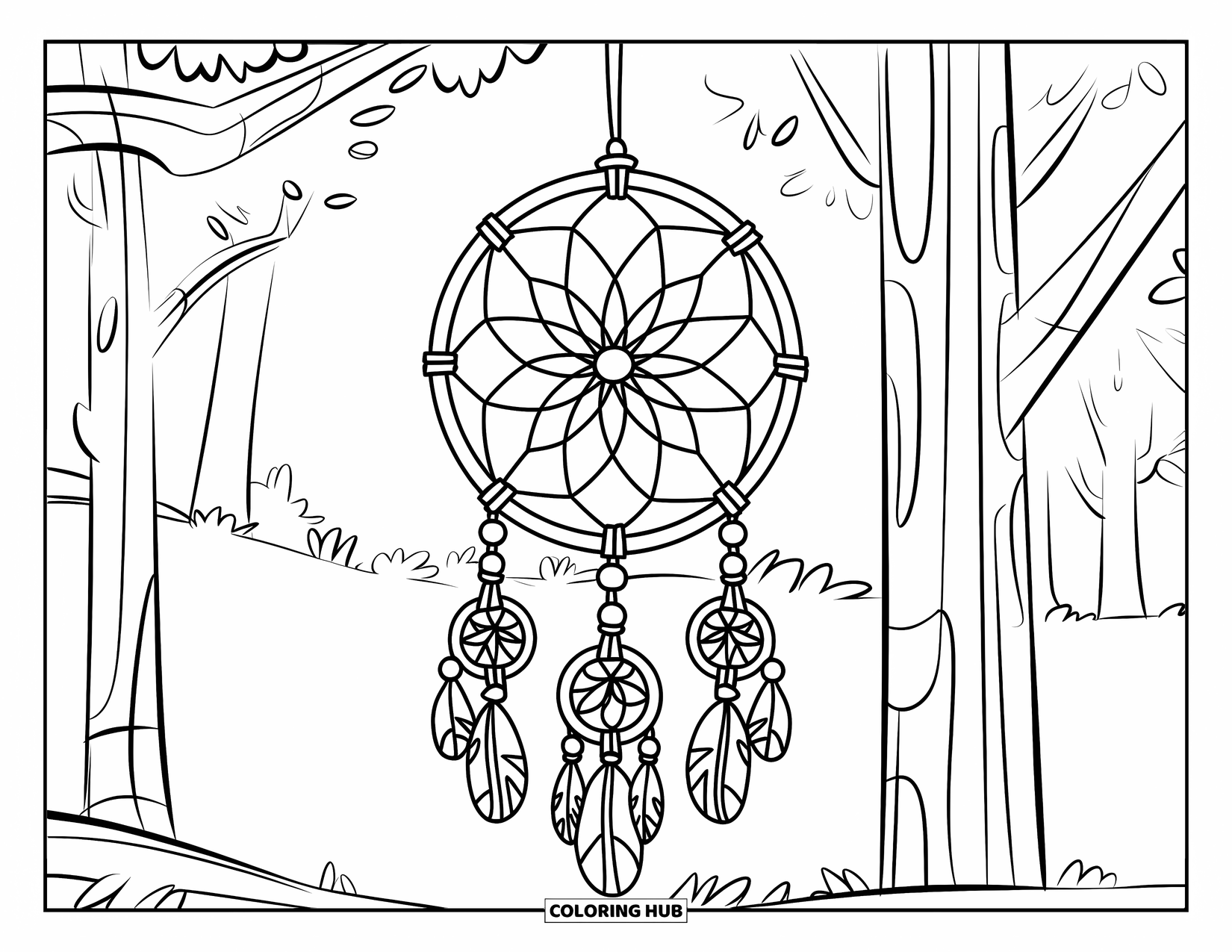 Dreamcatcher Coloring Page for Kids: A sunburst-style dreamcatcher with teardrop tassels hangs near tall trees