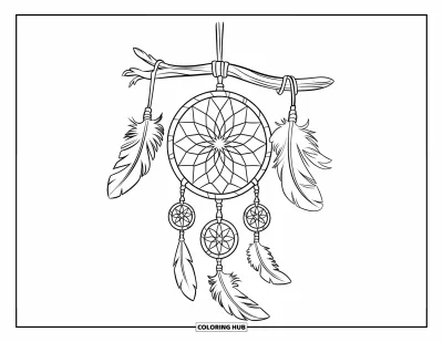 Coloriage d'attrape-rêves pour enfants : Un attrape-rêves à toile rayonnante avec des pompons en larme pend à un bâton de bois