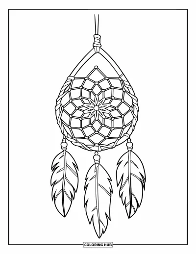 Coloriage d'attrape-rêves pour enfants : Un attrape-rêves en larme avec des perles aux extrémités est attaché à un poteau de bois