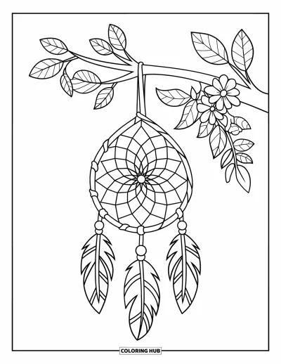 Coloriage d'attrape-rêves pour enfants : Un attrape-rêves en forme de larme pend à une branche feuillue ornée de fleurs