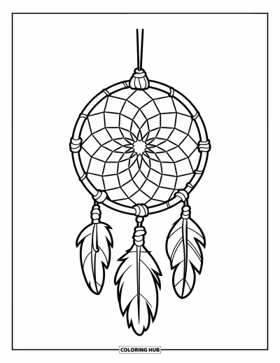 Coloriage d'attrape-rêves pour enfants : Un attrape-rêves finement tissé avec des détails en nœuds pend à un bâton de bois