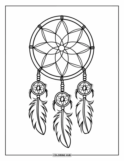 Coloriage d'attrape-rêves pour enfants : Un attrape-rêves traditionnel rond avec trois plumes et des lignes courbes flotte dans les airs