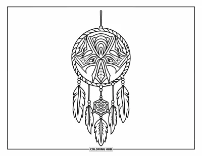 Coloriage d'attrape-rêves pour enfants : Un attrape-rêves aux motifs élaborés avec des animaux et des formes pend à une branche naturelle