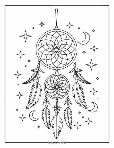 Coloriage d'attrape-rêves pour enfants : Des cerceaux d'attrape-rêves empilés avec des lunes et des étoiles se balancent à un bâton de bois