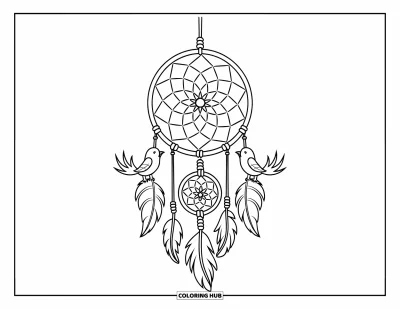 Coloriage d'attrape-rêves pour enfants : Deux oiseaux sont perchés sur un attrape-rêves à toile spiralée avec des perles-feuilles et des fils pendants