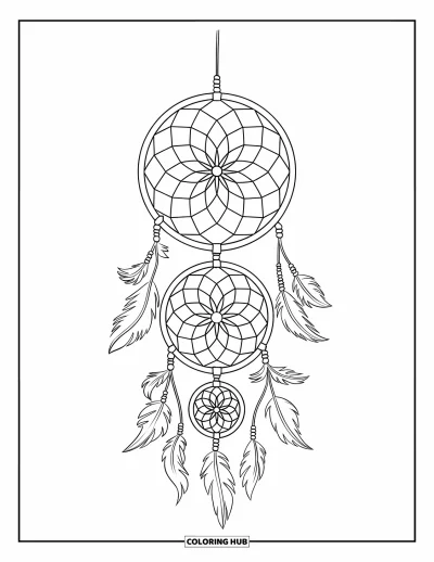 Coloriage d'attrape-rêves pour enfants : Deux cerceaux d'attrape-rêves superposés avec des toiles différentes pendent à un poteau de bois