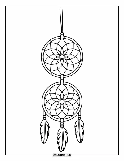 Coloriage d'attrape-rêves pour enfants : Deux cerceaux superposés avec des toiles variées et des pendentifs pendent doucement à un bâton