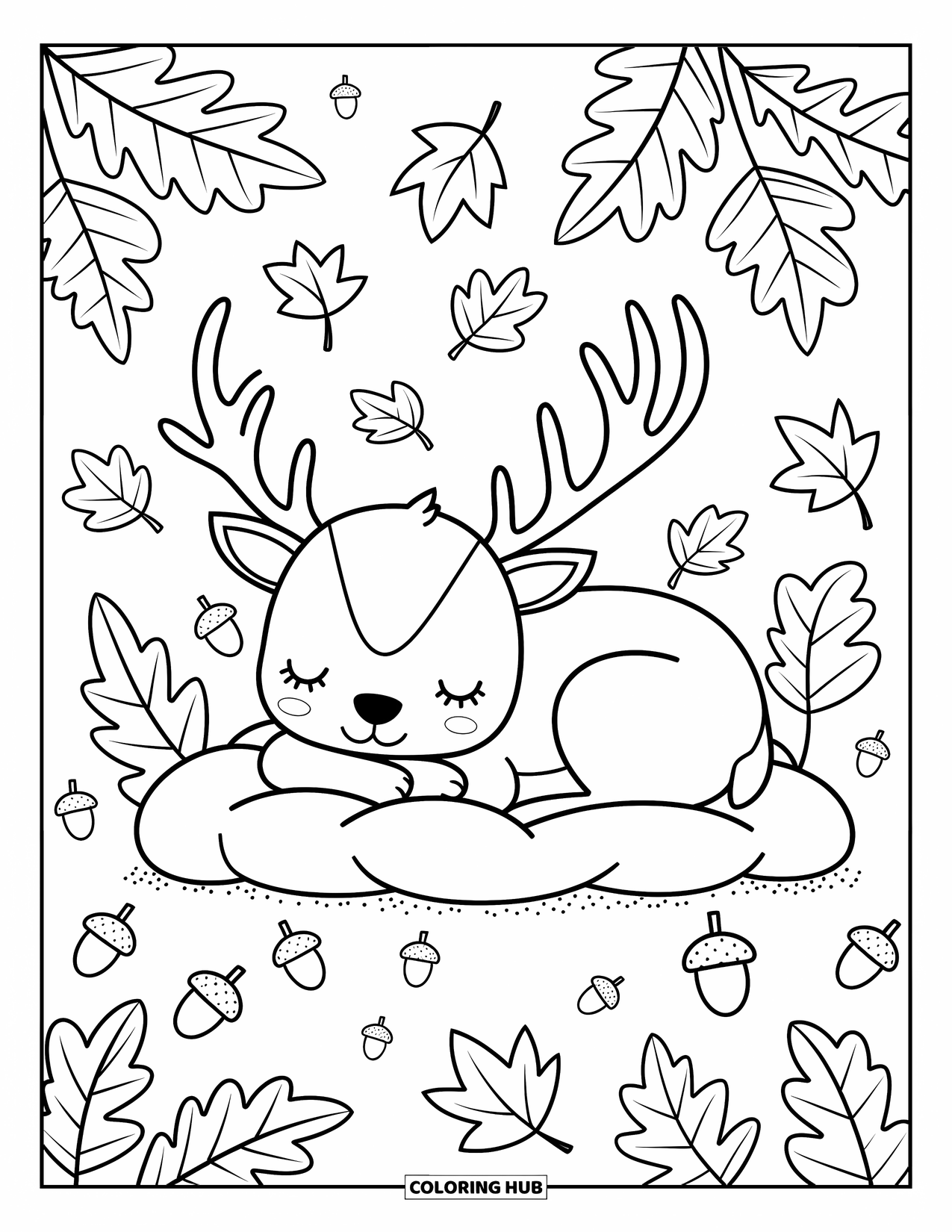 Elk Coloring Page for Adults: Curled-up elk lies in autumn leaves with soft vines, acorns, and playful charm