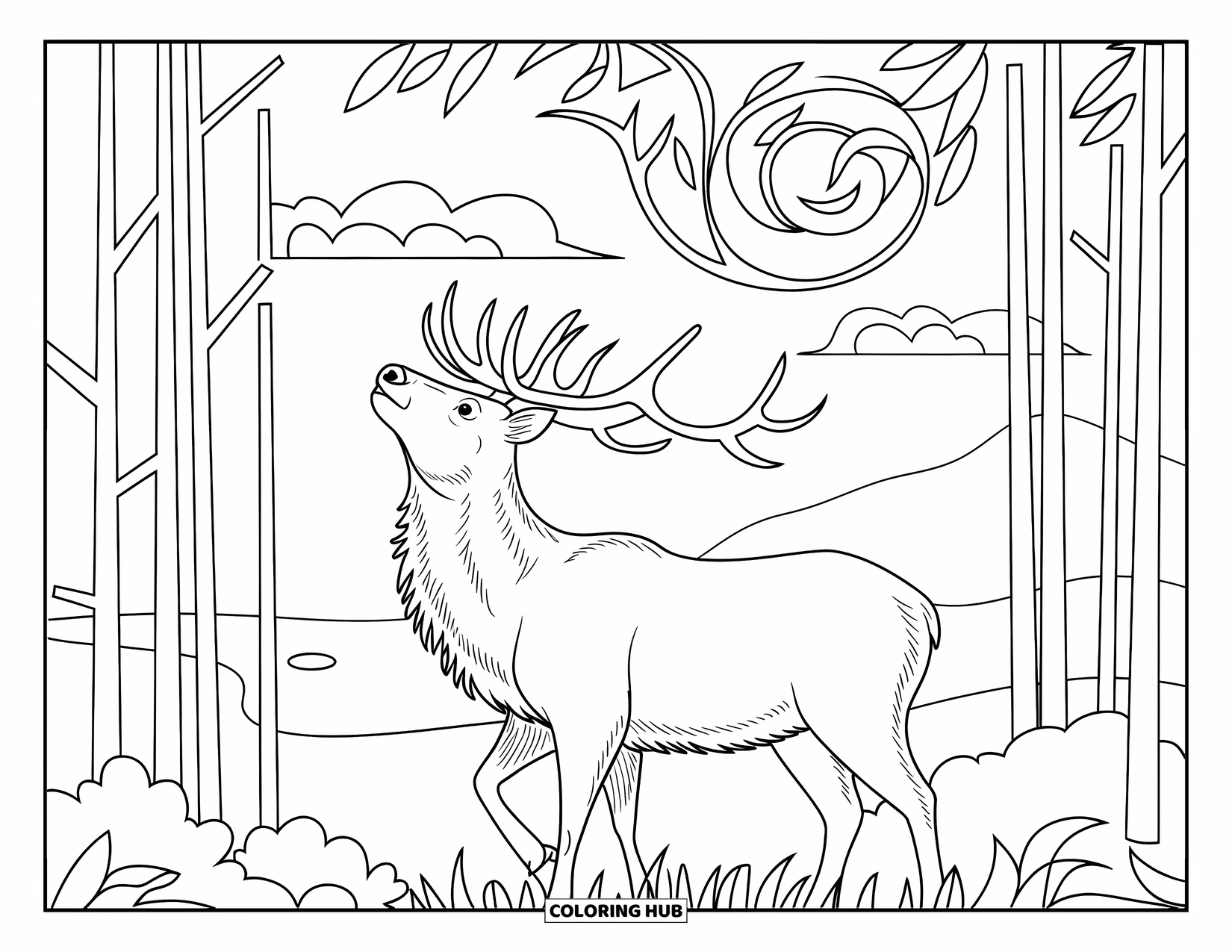 Elk Coloring Page for Adults: Elk gazes up in a forest with swirling leaves and a calm mountain background